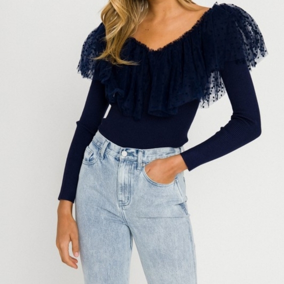 Dotted Mesh Ruffle Knit Top - Picture 1 of 6